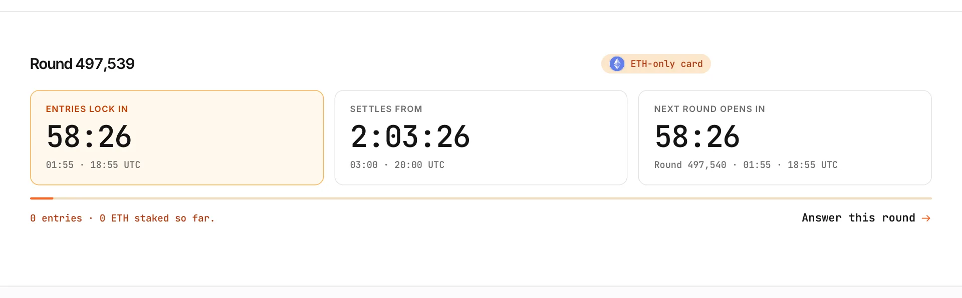 The schedule page countdowns: entries lock in, settles from, and next round opens in, for the open round.