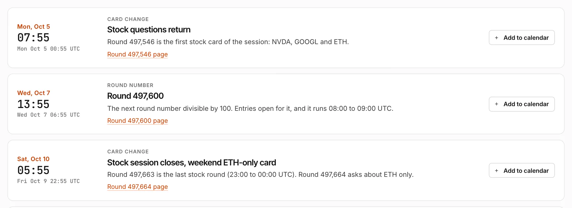 Upcoming events on the schedule page with an Add to calendar button on each.